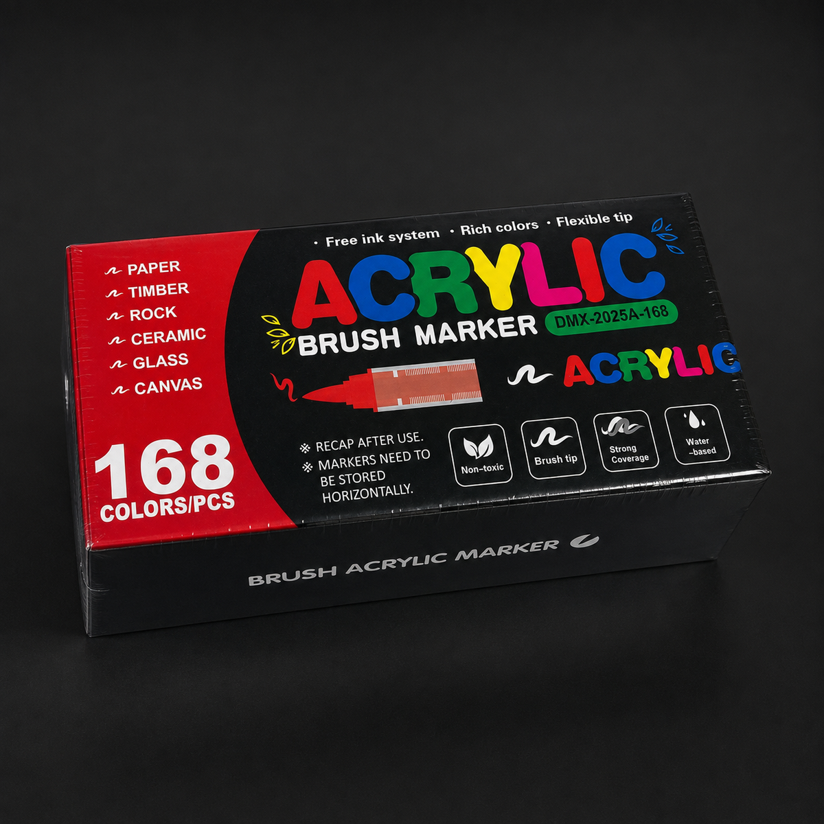 Sealed box of 168 acrylic brush markers, three-quarter view