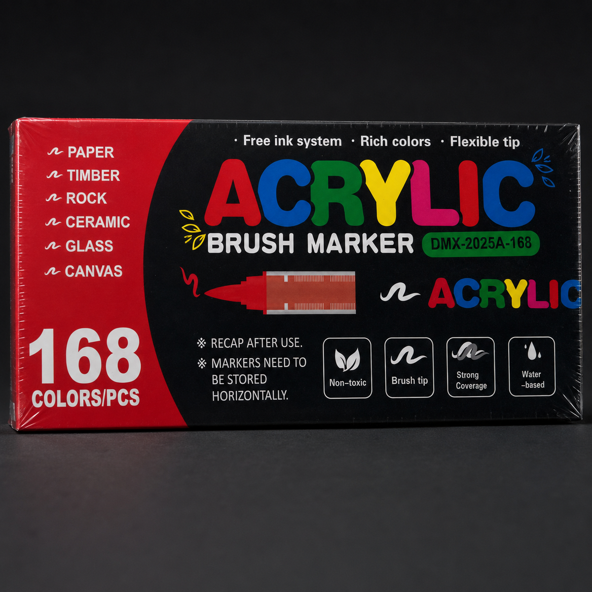 Sealed box of 168 acrylic brush markers, front view