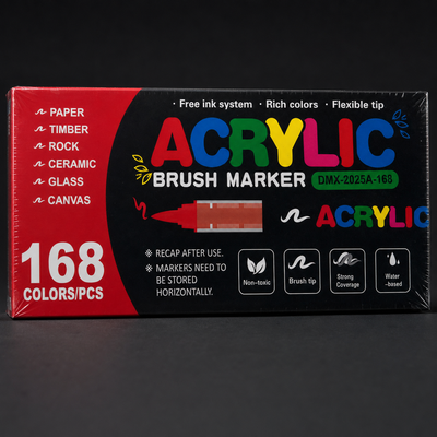 Sealed box of 168 acrylic brush markers, front view