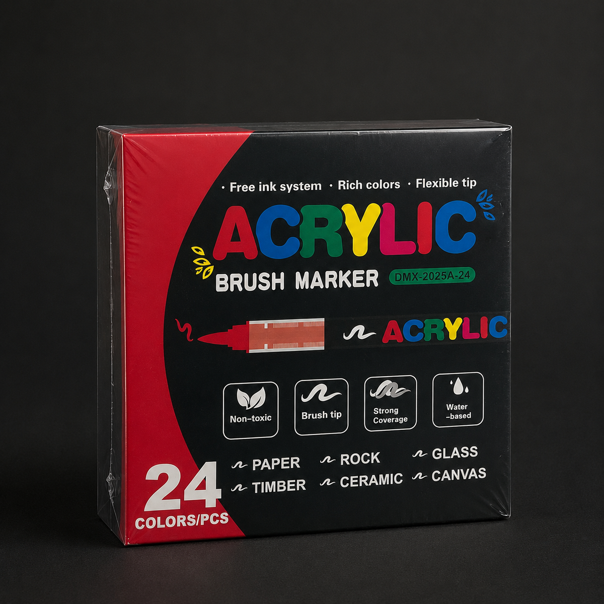 Sealed box of 24 acrylic brush markers, three-quarter view