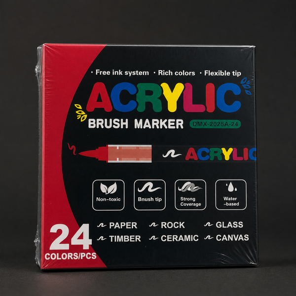 Sealed box of 24 acrylic brush markers, front view