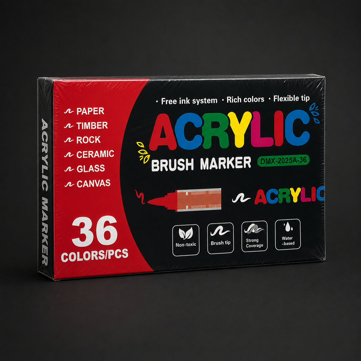 Sealed box of 36 acrylic brush markers, three-quarter view