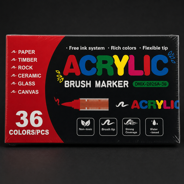 Sealed box of 36 acrylic brush markers, front view