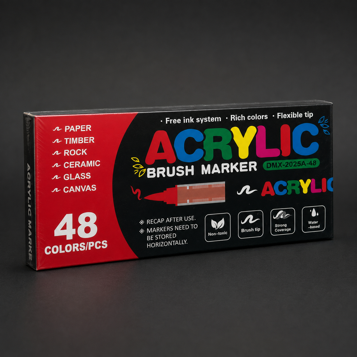 Sealed box of 48 acrylic brush markers, three-quarter view