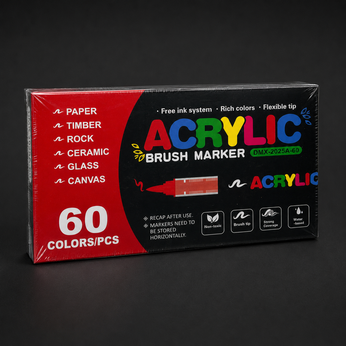 Sealed box of 60 acrylic brush markers, three-quarter view