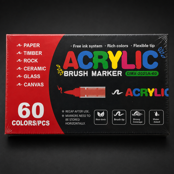 Sealed box of 60 acrylic brush markers, front view