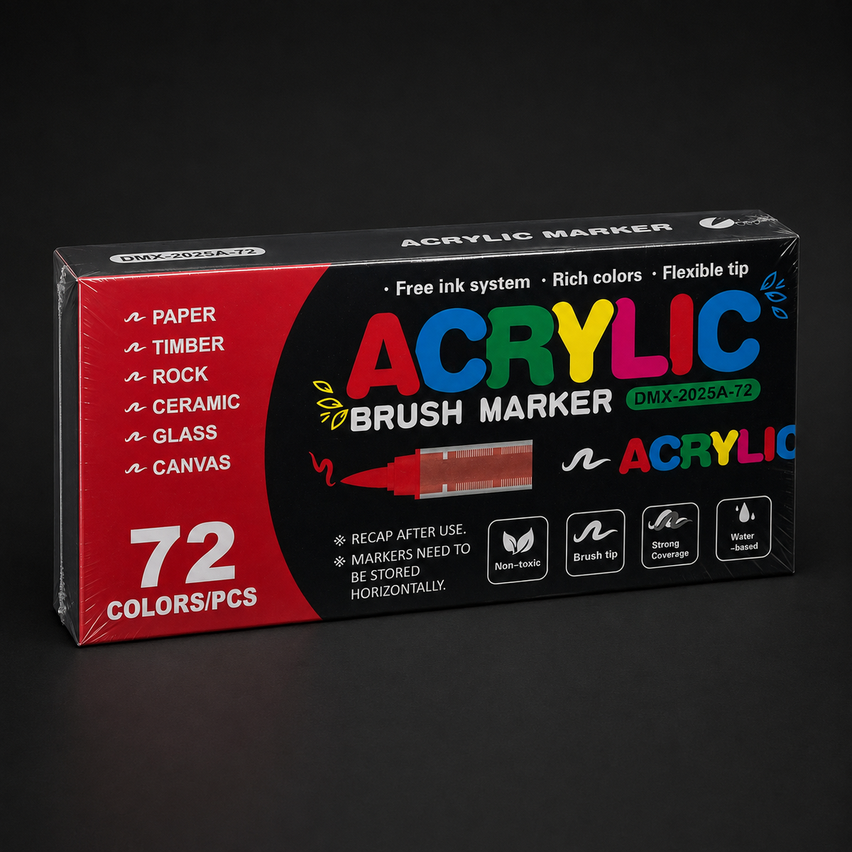 Sealed box of 72 acrylic brush markers, three-quarter view
