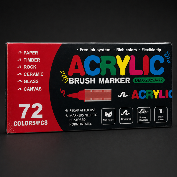 Sealed box of 72 acrylic brush markers, front view