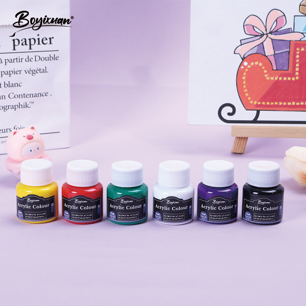 Six 25 ml pots of acrylic colour in yellow, red, green, white, purple and black