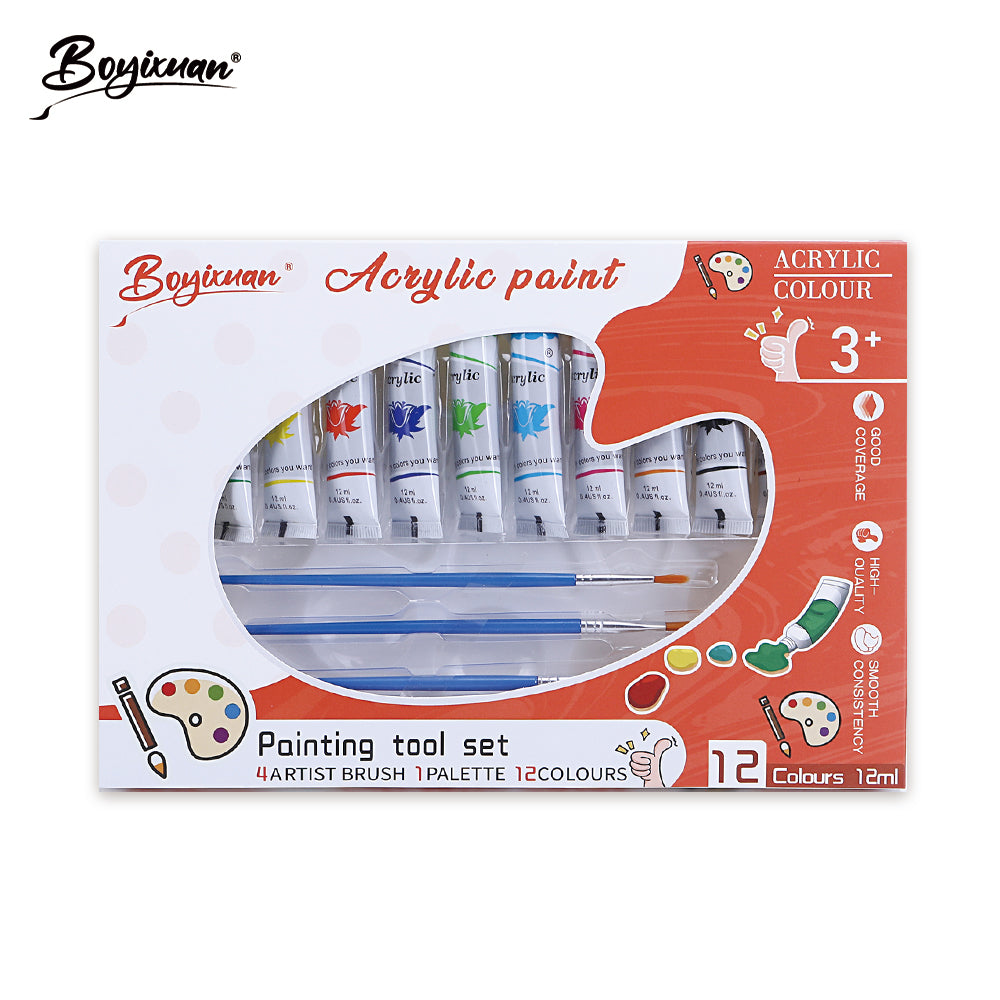 Boxed painting set with twelve 12 ml acrylic tubes, four brushes and a palette