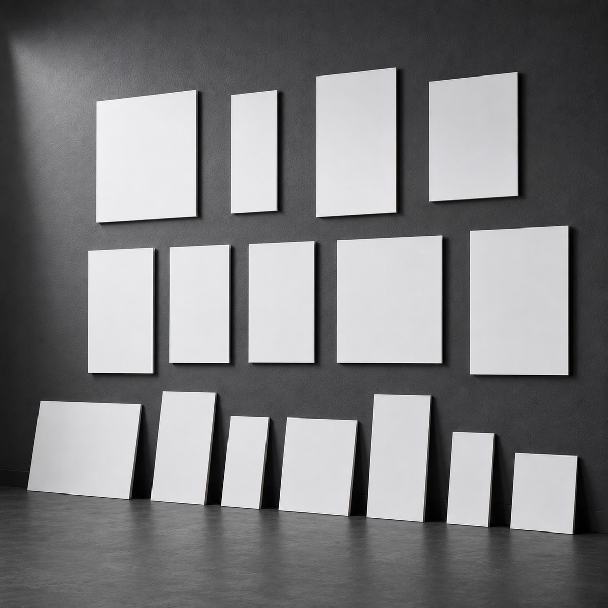 Drawing boards arranged by size, wall and floor
