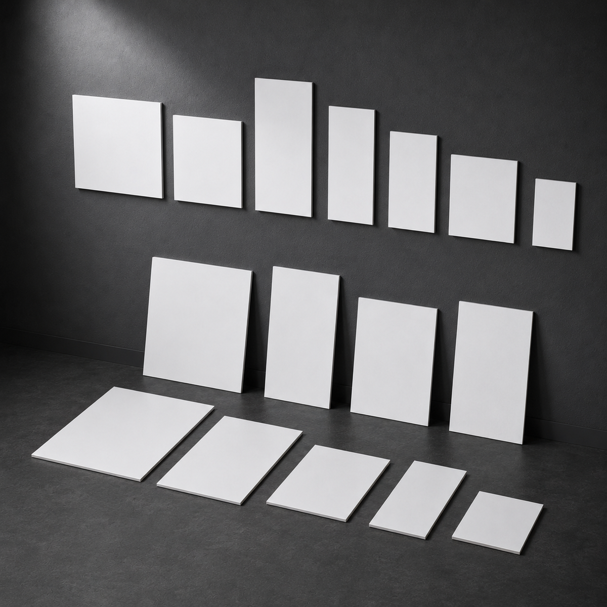 Drawing boards laid flat and leaning, showing the smooth painting surface