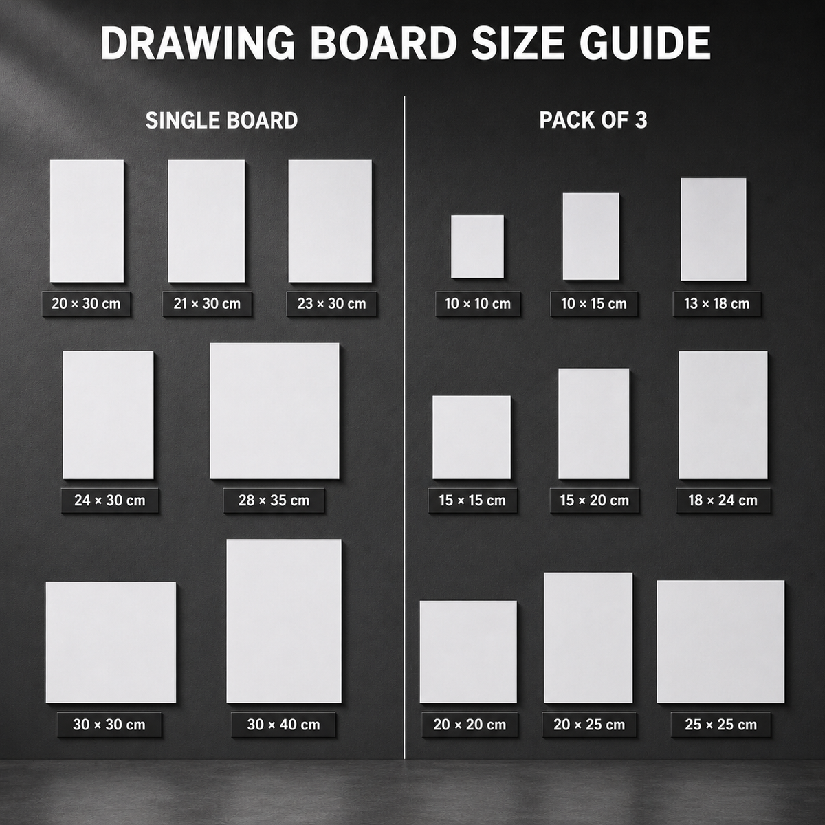 Drawing board size guide: single boards 20x30 to 30x40 cm and three-packs 10x10 to 25x25 cm