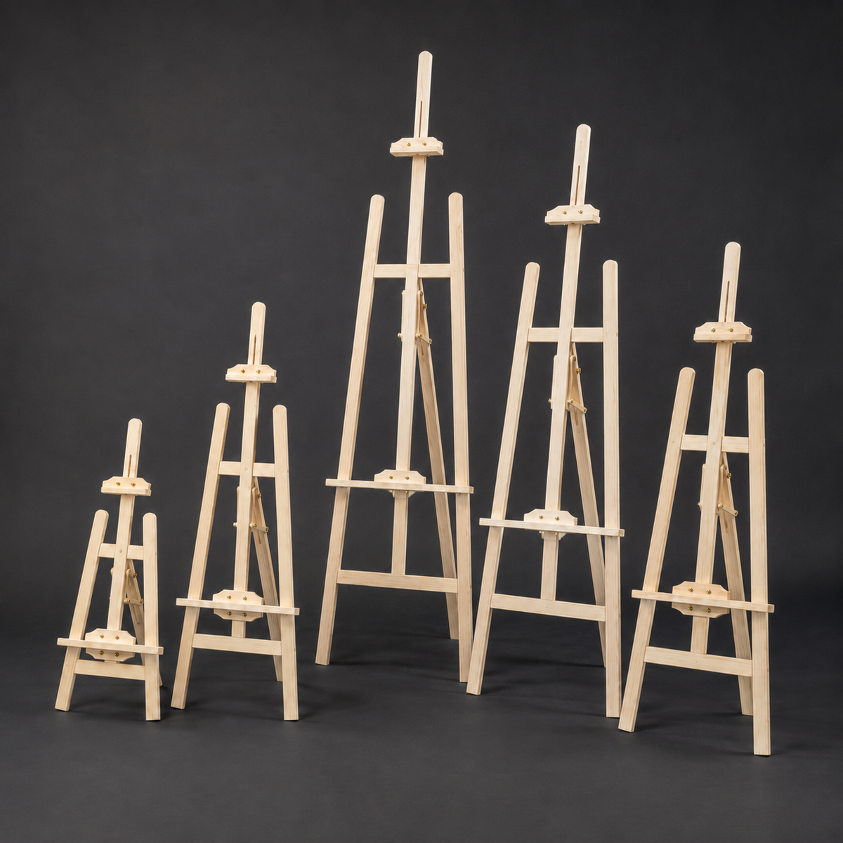 The full range of beech wood A-frame easels shown side by side