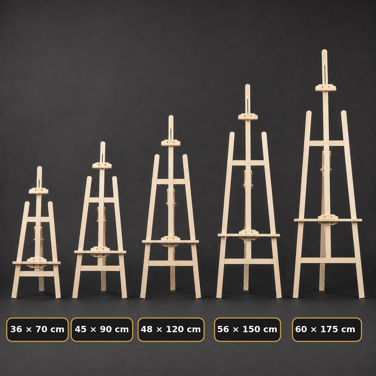 Easel size guide: 36 x 70, 45 x 90, 48 x 120, 56 x 150 and 60 x 175 cm