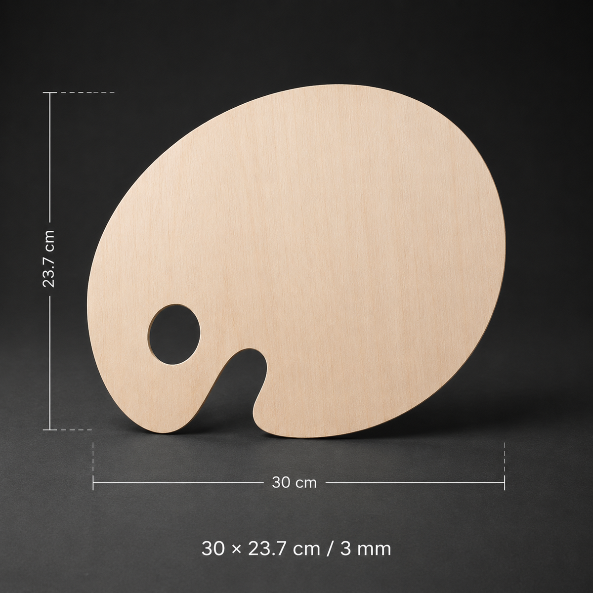 Oval wooden artist palette, 30 x 23.7 cm, birch, thumb hole