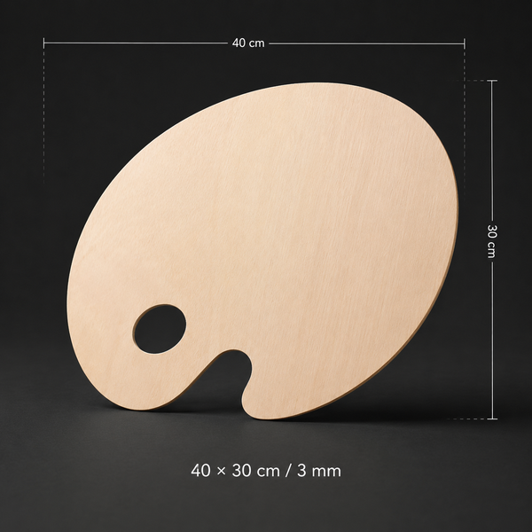 Oval wooden artist palette, 40 x 30 cm, 3 mm birch, thumb hole