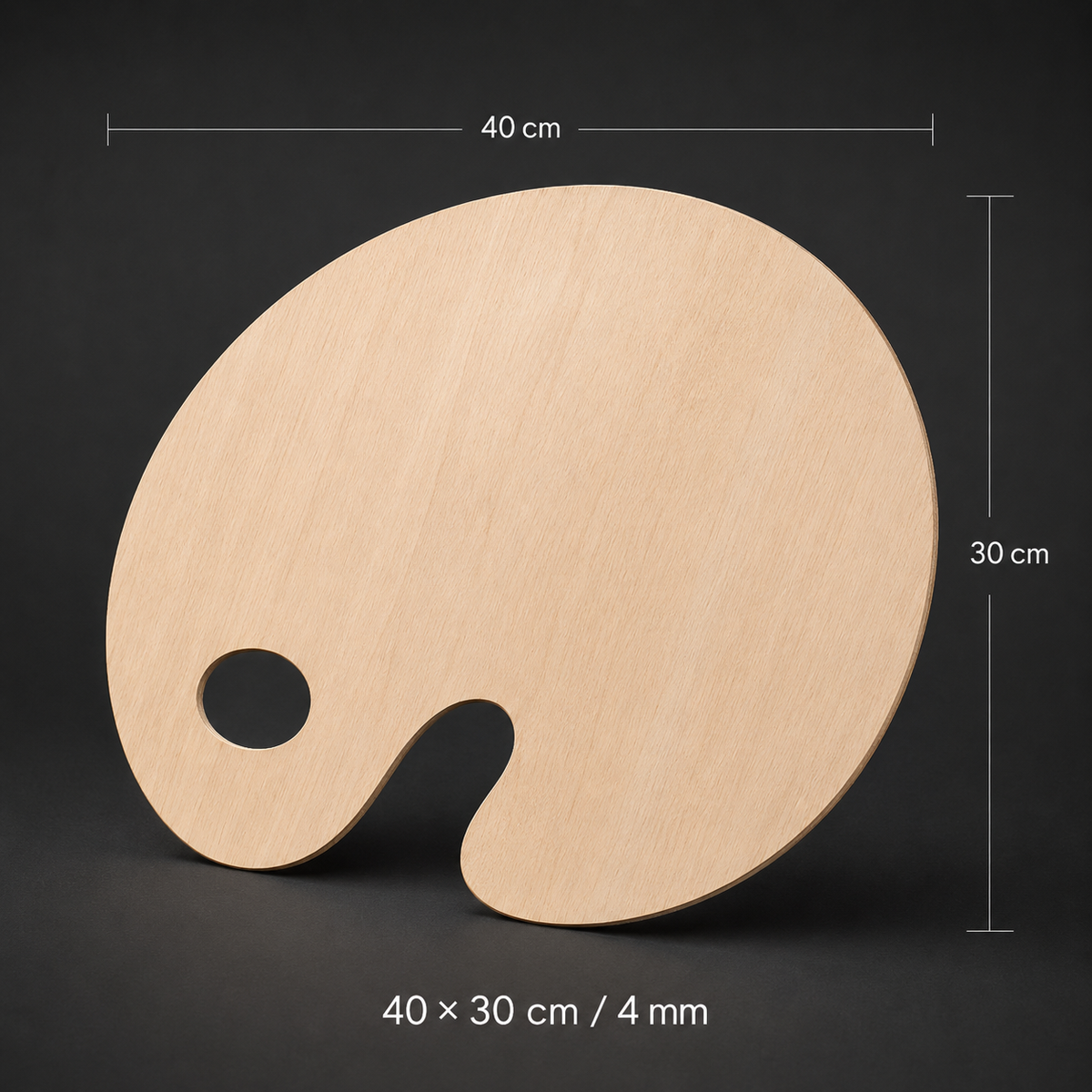 Oval wooden artist palette, 40 x 30 cm, 4 mm birch, thumb hole