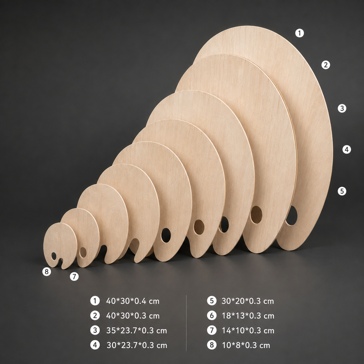 The full range of oval wooden palettes shown together with sizes
