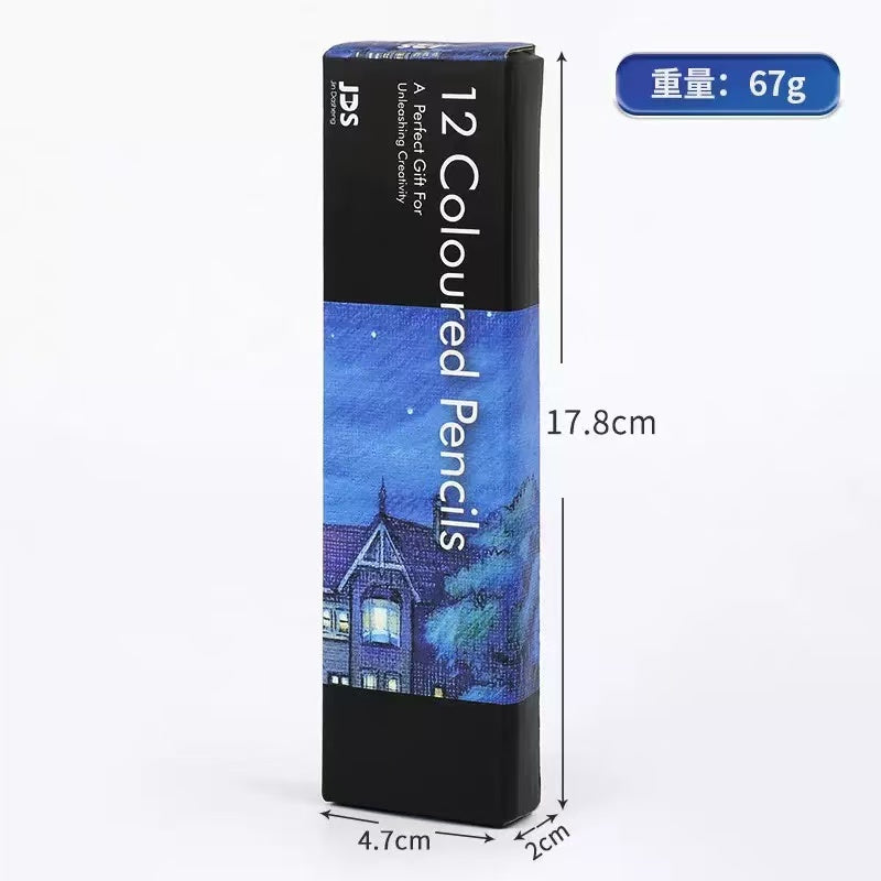 Slim black JDS gift box printed 12 Coloured Pencils, with a painted night scene of a lit house under a starry blue sky wrapped around the middle.