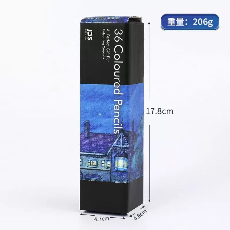 Black JDS gift box printed 36 Coloured Pencils, with a painted night scene of a lit house under a starry blue sky wrapped around the middle.