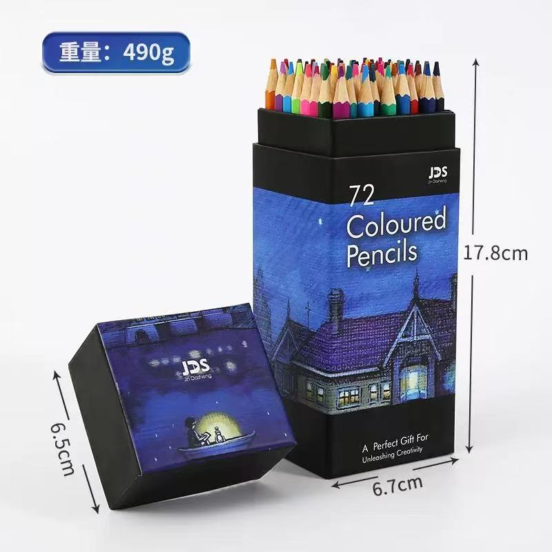 Open black JDS gift box printed 72 Coloured Pencils, night-scene artwork around the middle, pencils standing tips-up inside with bare timber barrels and coloured leads.