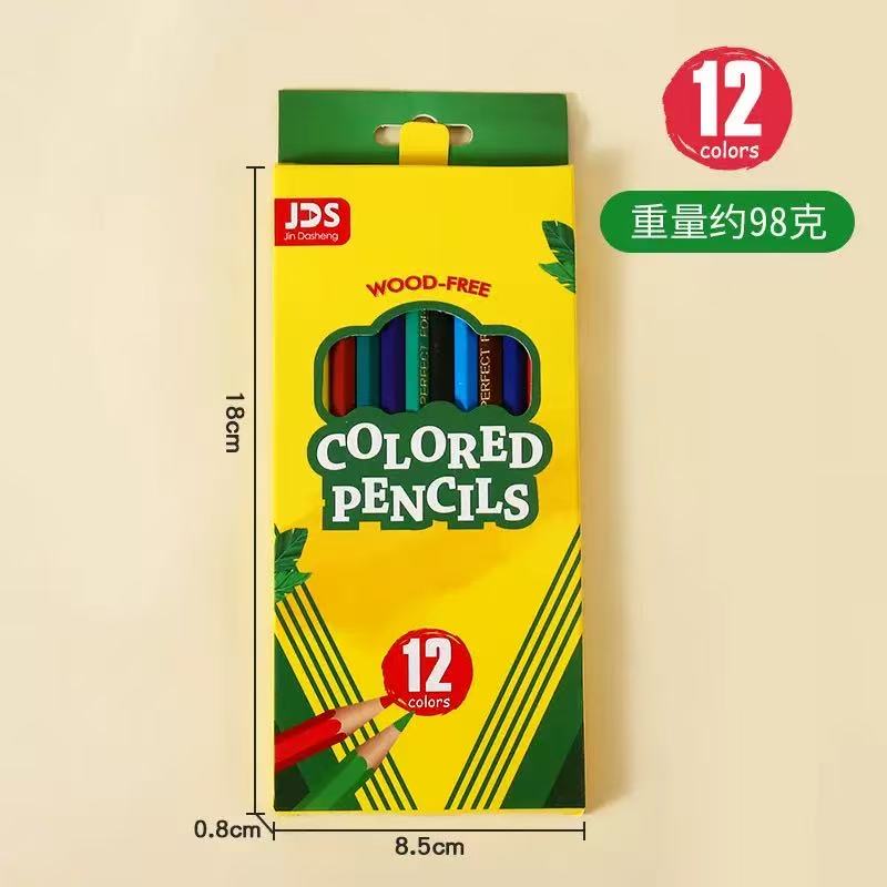 Yellow and green JDS card box of 12 coloured pencils, 18 by 8.5 by 0.8 cm, with a die-cut window showing lacquered pencil barrels and the words WOOD-FREE printed in red.