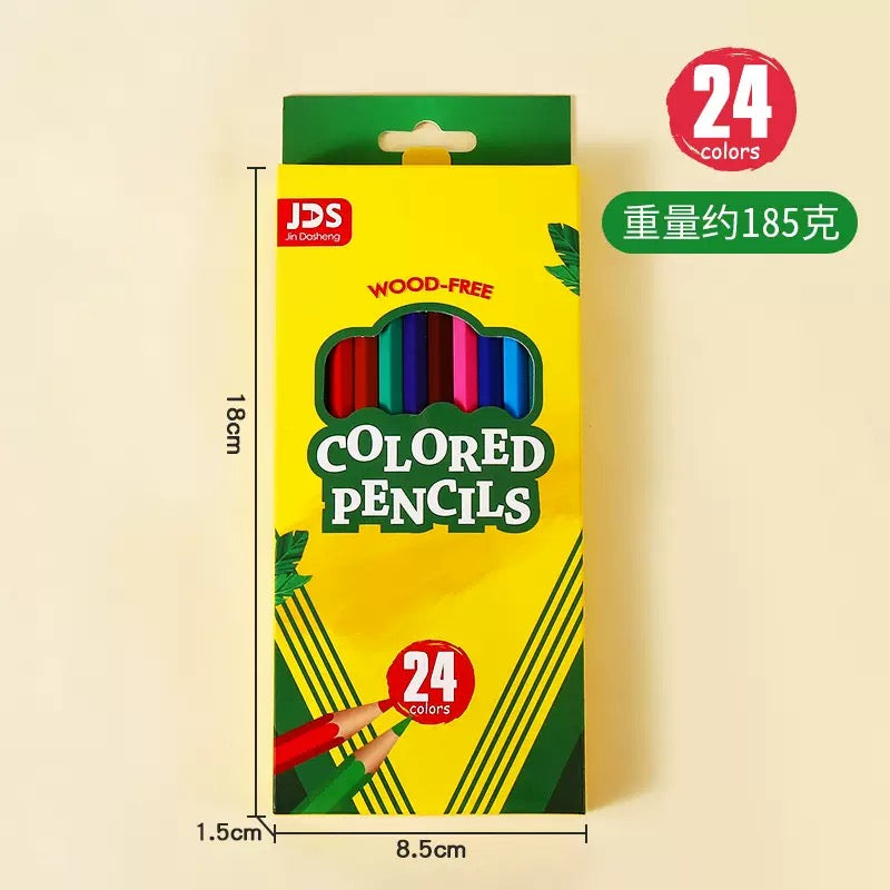 Yellow and green JDS card box of 24 coloured pencils, 18 by 8.5 by 1.5 cm, with a die-cut window showing lacquered pencil barrels and the words WOOD-FREE printed in red.