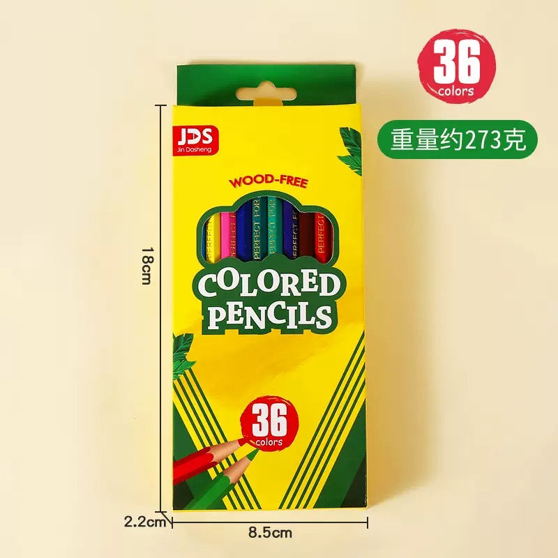 Yellow and green JDS card box of 36 coloured pencils, 18 by 8.5 by 2.2 cm, with a die-cut window showing lacquered pencil barrels and the words WOOD-FREE printed in red.