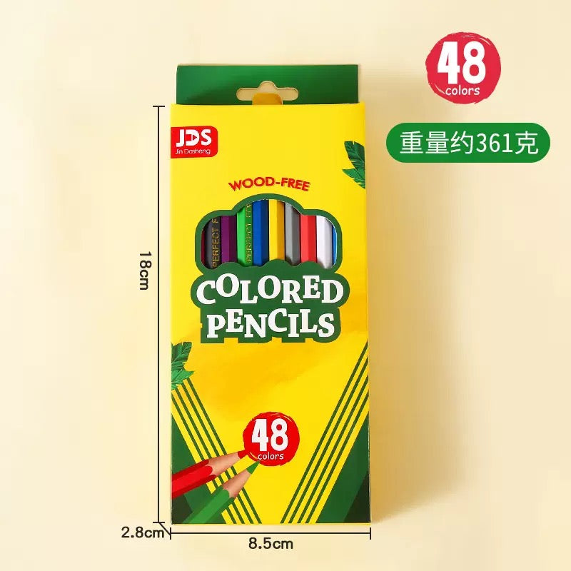 Yellow and green JDS card box of 48 coloured pencils, 18 by 8.5 by 2.8 cm, with a die-cut window showing lacquered pencil barrels and the words WOOD-FREE printed in red.