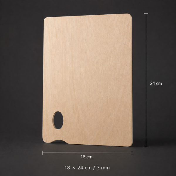 Rectangular wooden artist palette, 18 x 24 cm, birch, thumb hole