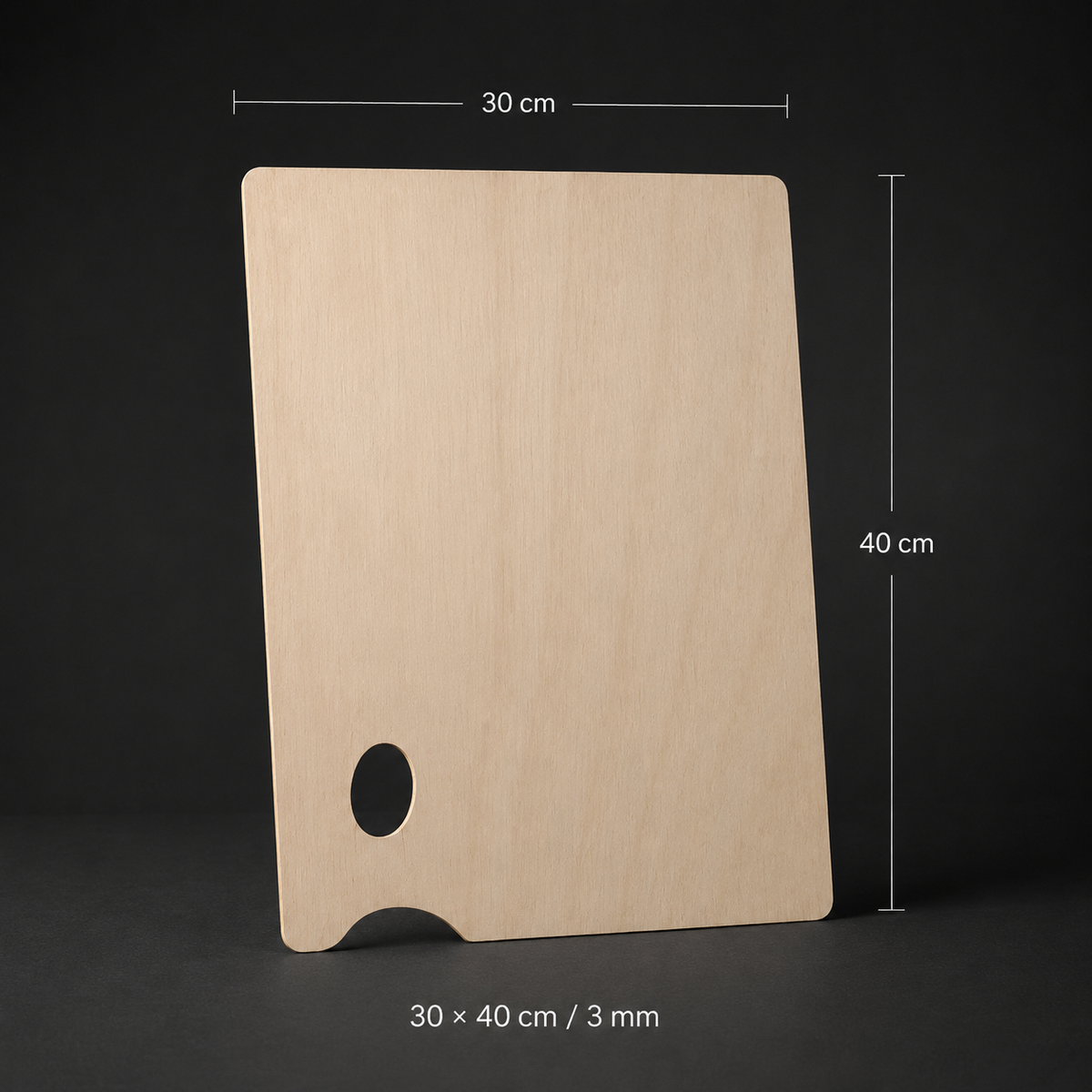 Rectangular wooden artist palette, 30 x 40 cm, birch, thumb hole