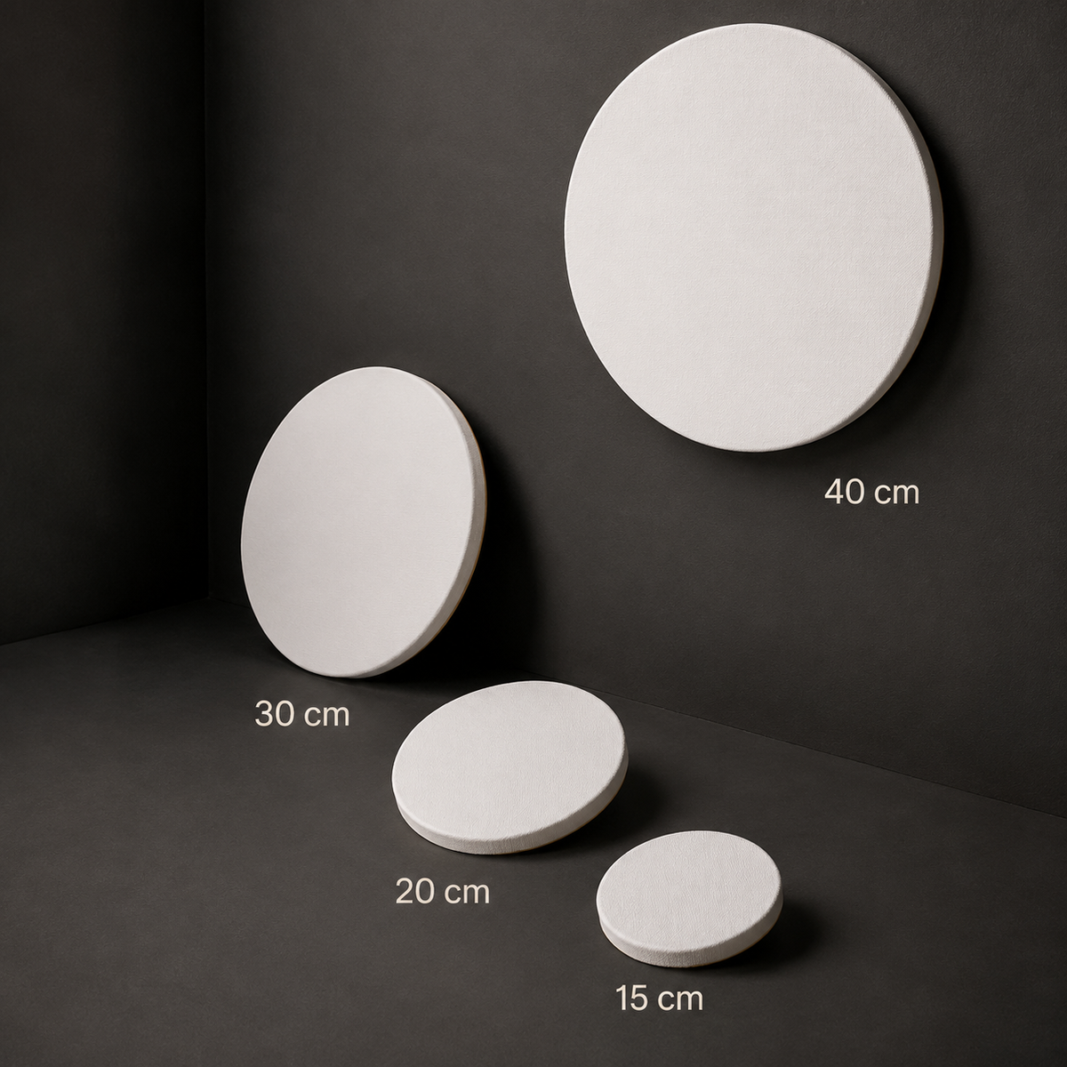 Round stretched canvases arranged by diameter with size labels
