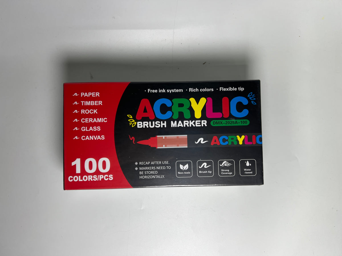 Supplier photograph of the sealed 100-colour acrylic marker box, printed 100 COLORS/PCS, DMX-2025A-100.