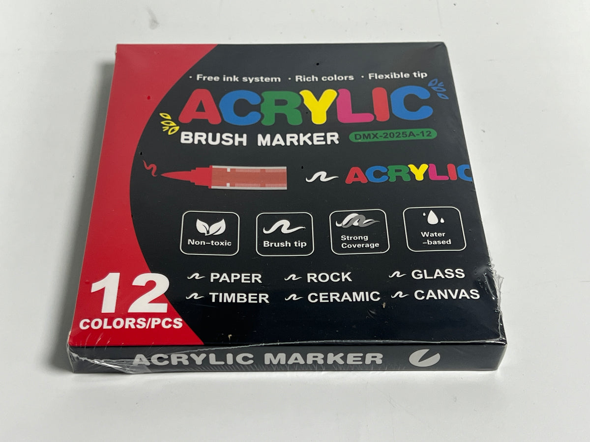 Supplier photograph of the 12-colour acrylic marker box angled to show its ACRYLIC MARKER edge.