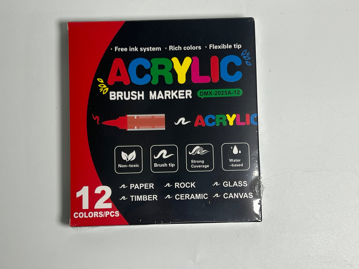 Supplier photograph of the sealed 12-colour acrylic marker box, printed 12 COLORS/PCS, DMX-2025A-12.
