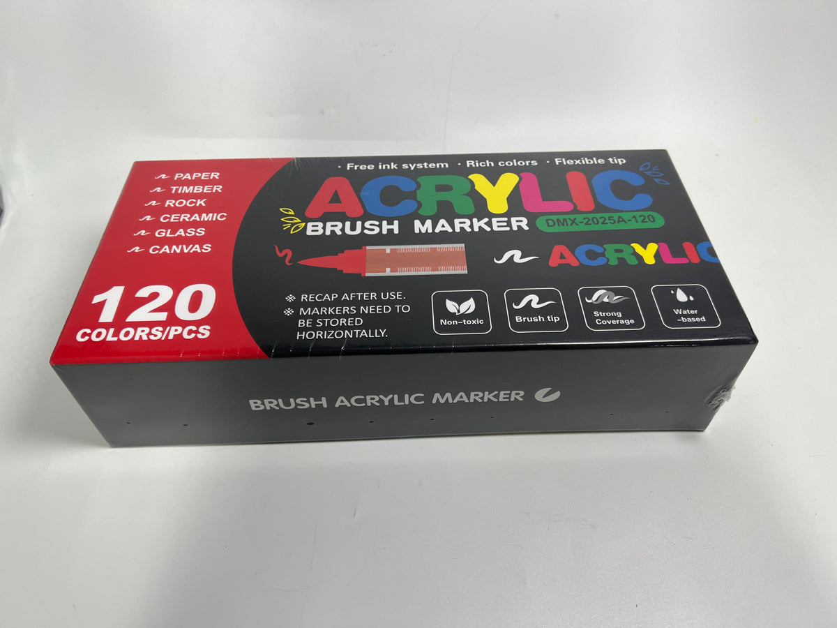 Supplier photograph of the 120-colour acrylic marker box angled to show its BRUSH ACRYLIC MARKER edge.