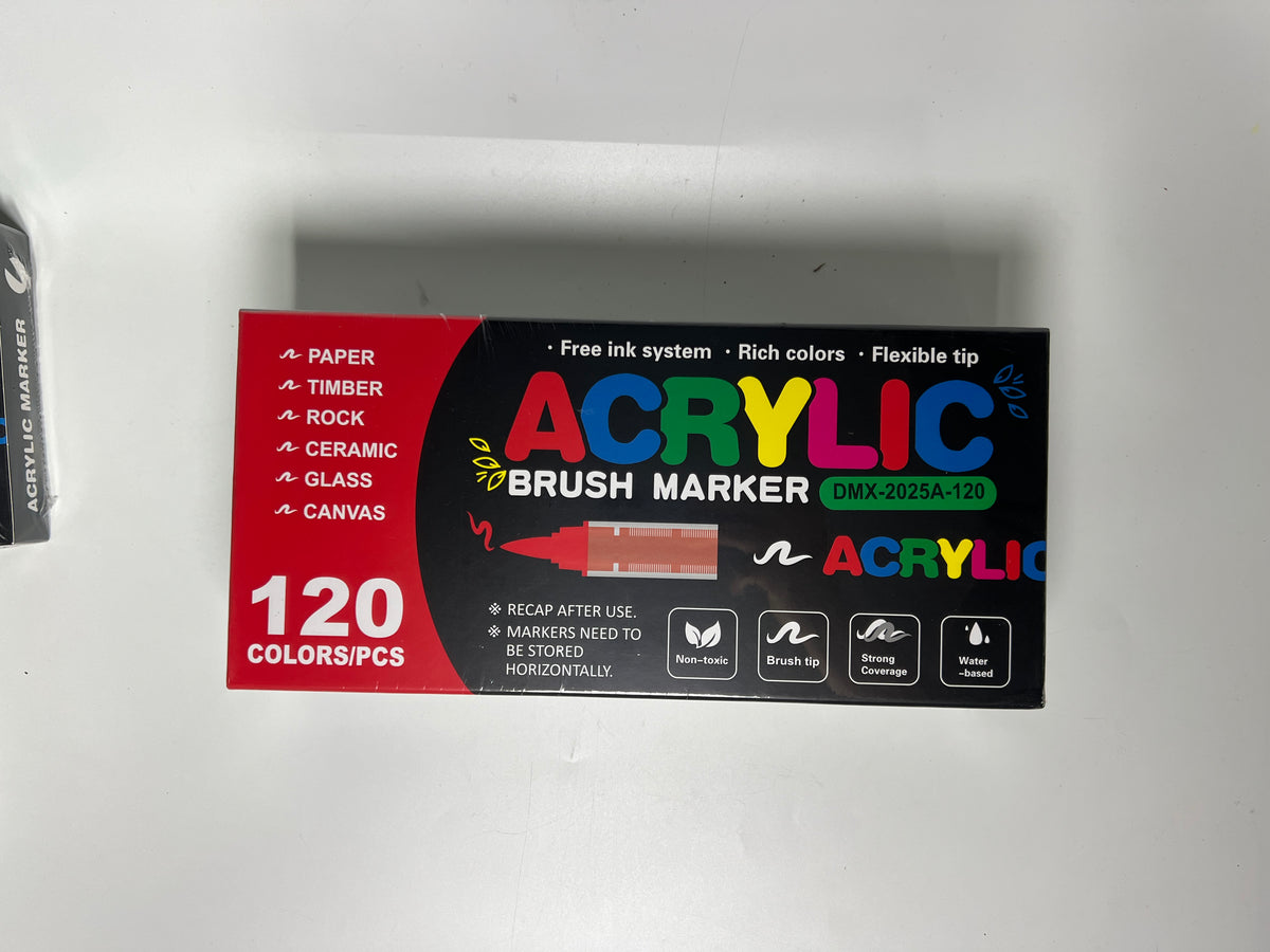 Supplier photograph of the sealed 120-colour acrylic marker box, printed 120 COLORS/PCS, DMX-2025A-120.