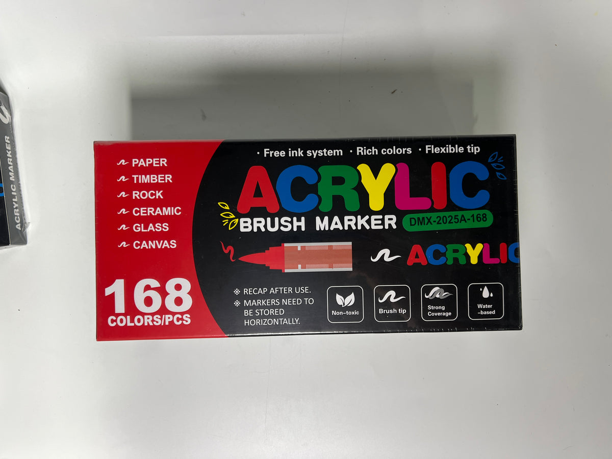 Supplier photograph of the sealed 168-colour acrylic marker box, printed 168 COLORS/PCS, DMX-2025A-168.