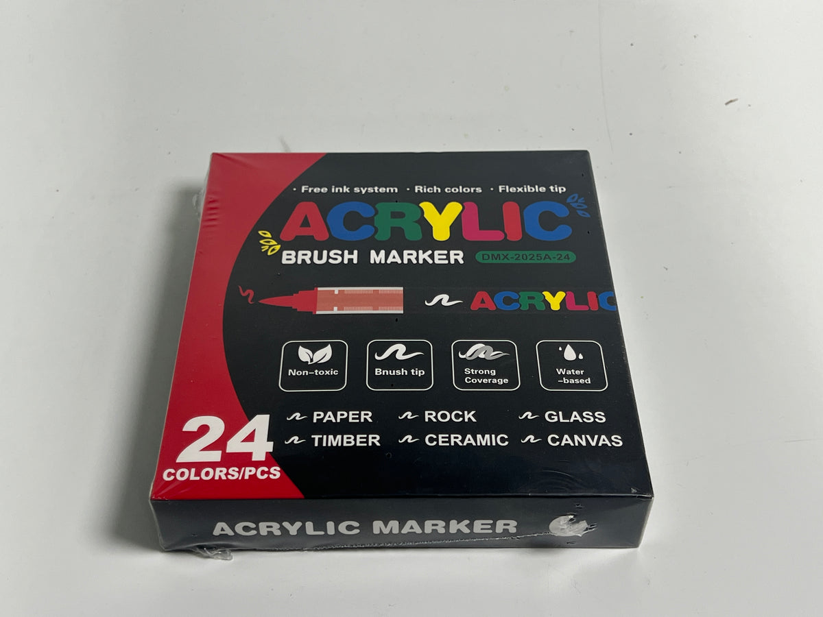 Supplier photograph of the 24-colour acrylic marker box angled to show its ACRYLIC MARKER edge.