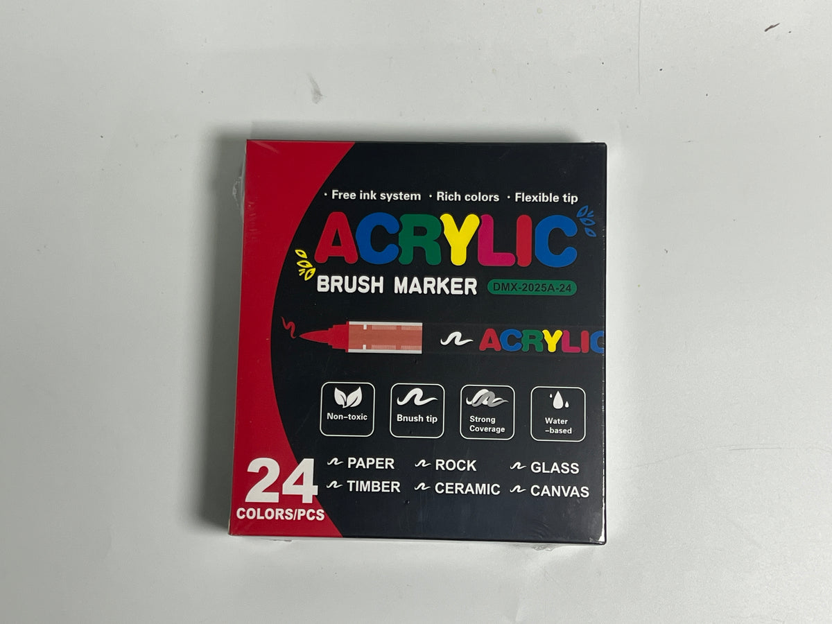 Supplier photograph of the sealed 24-colour acrylic marker box, printed 24 COLORS/PCS, DMX-2025A-24.