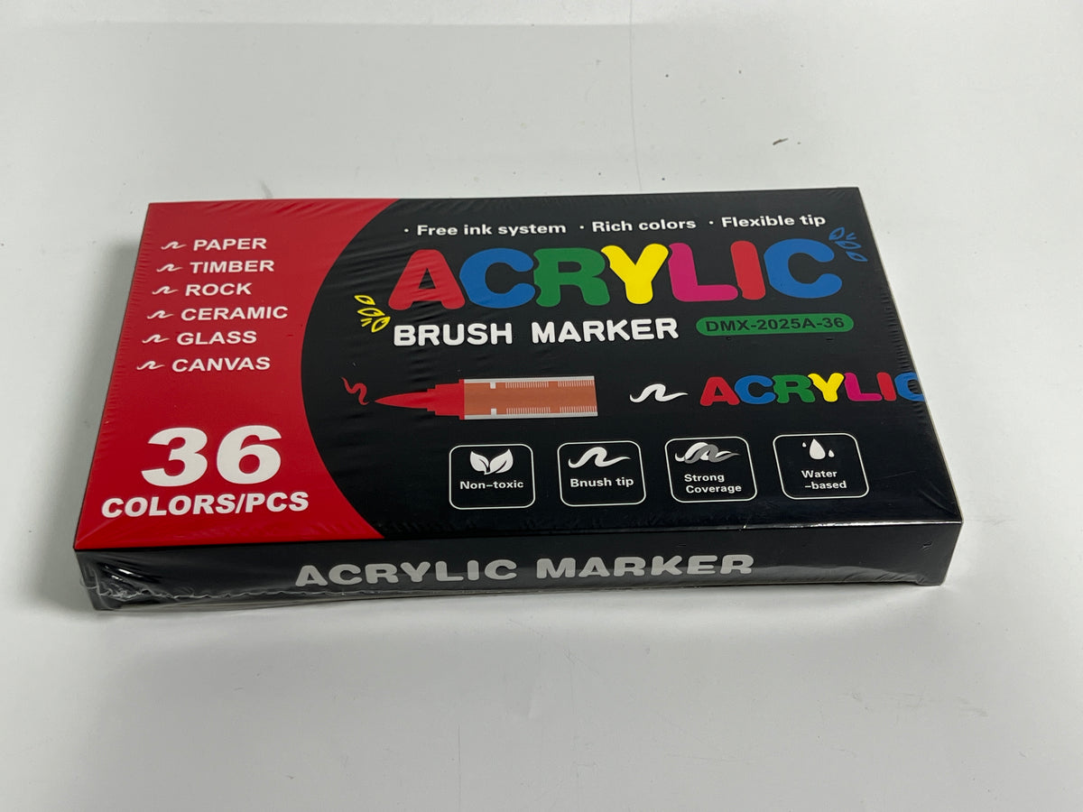 Supplier photograph of the 36-colour acrylic marker box angled to show its ACRYLIC MARKER edge.