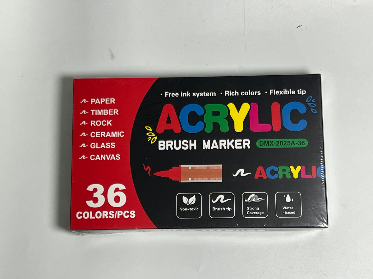 Supplier photograph of the sealed 36-colour acrylic marker box, printed 36 COLORS/PCS, DMX-2025A-36.