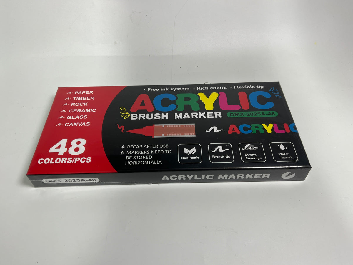 Supplier photograph of the 48-colour acrylic marker box angled to show its ACRYLIC MARKER edge.