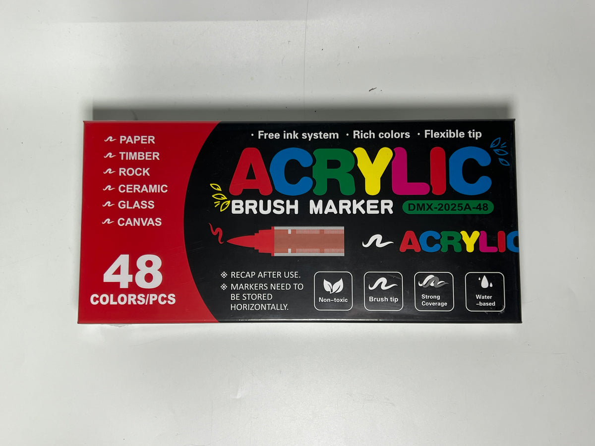 Supplier photograph of the sealed 48-colour acrylic marker box, printed 48 COLORS/PCS, DMX-2025A-48.