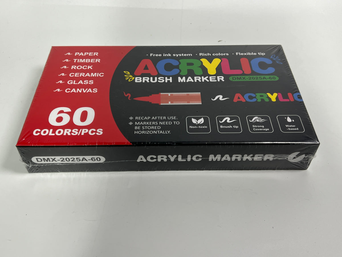 Supplier photograph of the 60-colour acrylic marker box angled to show its ACRYLIC MARKER edge.