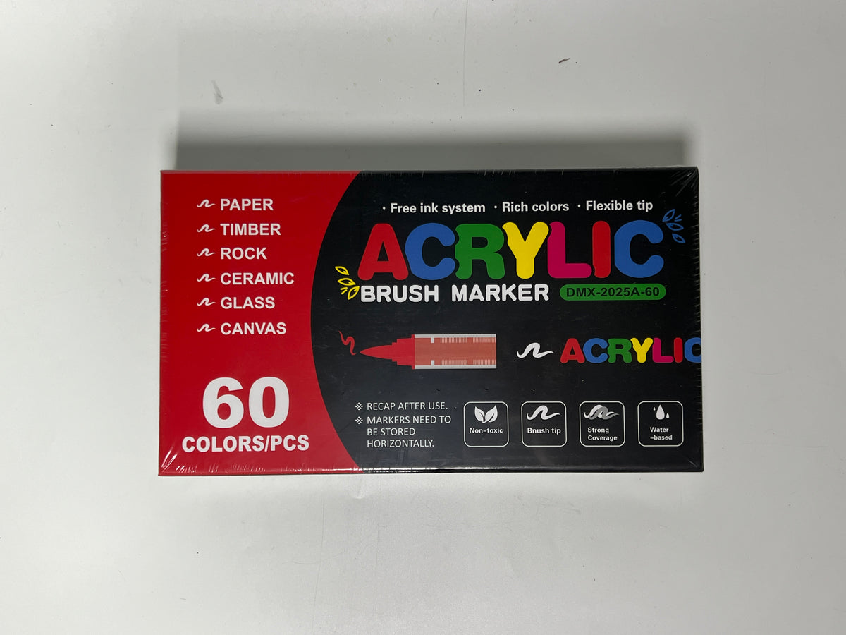 Supplier photograph of the sealed 60-colour acrylic marker box, printed 60 COLORS/PCS, DMX-2025A-60.
