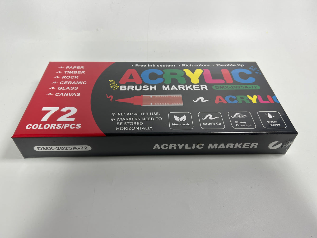 Supplier photograph of the 72-colour acrylic marker box angled to show its ACRYLIC MARKER edge.