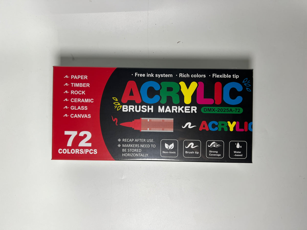Supplier photograph of the sealed 72-colour acrylic marker box, printed 72 COLORS/PCS, DMX-2025A-72.