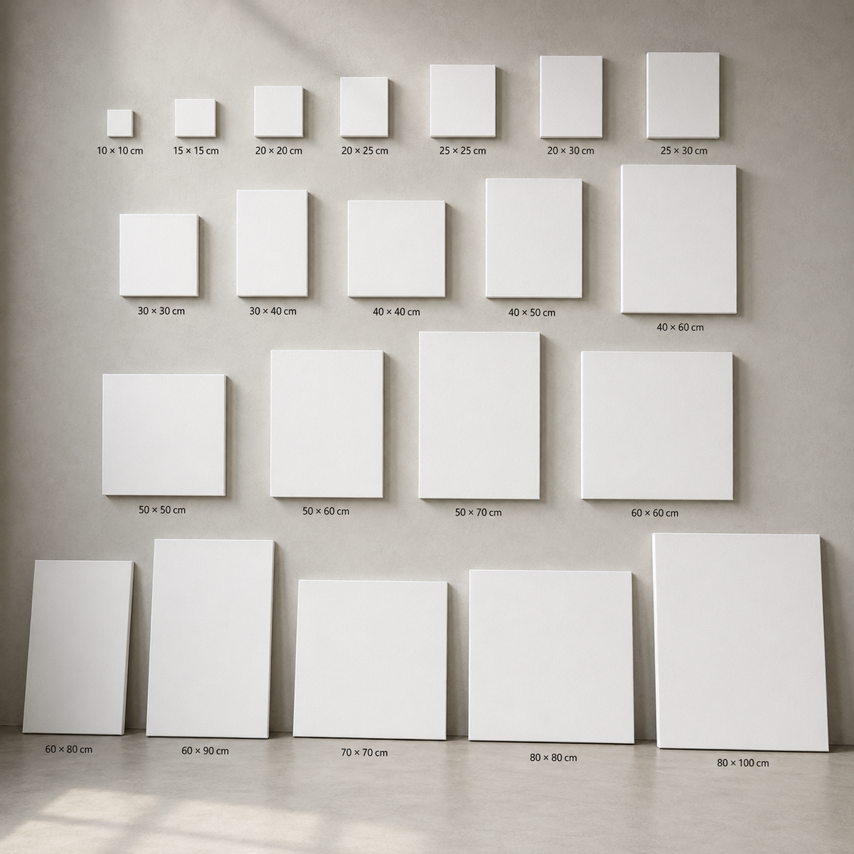 Stretched canvas size guide from 10x10 cm to 80x100 cm